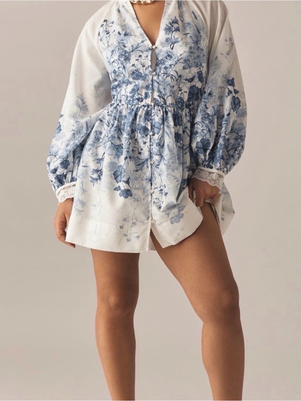 Anthropologie Blue & White Floral Mini Dress with Lace Trim